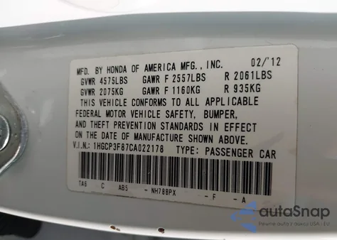2012 Honda Accord 3.5 Ex-L from USA, damaged, VIN 1HGCP3F87CA022178